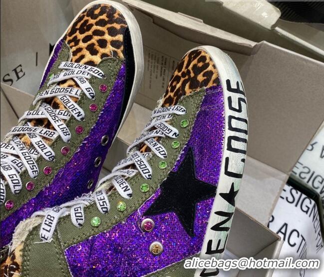 Top Quality Golden Goose Francy Sneakers in Army Green Canvas with Purple Sequin 105070