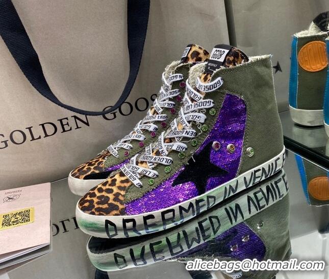 Top Quality Golden Goose Francy Sneakers in Army Green Canvas with Purple Sequin 105070