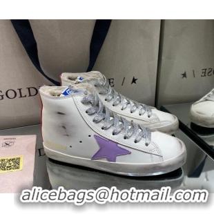 Classic Practical Golden Goose Francy Sneakers in White Leather with Shearling Lining and Lavander Star 105072