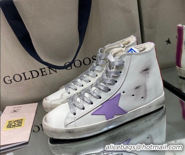 Classic Practical Golden Goose Francy Sneakers in White Leather with Shearling Lining and Lavander Star 105072