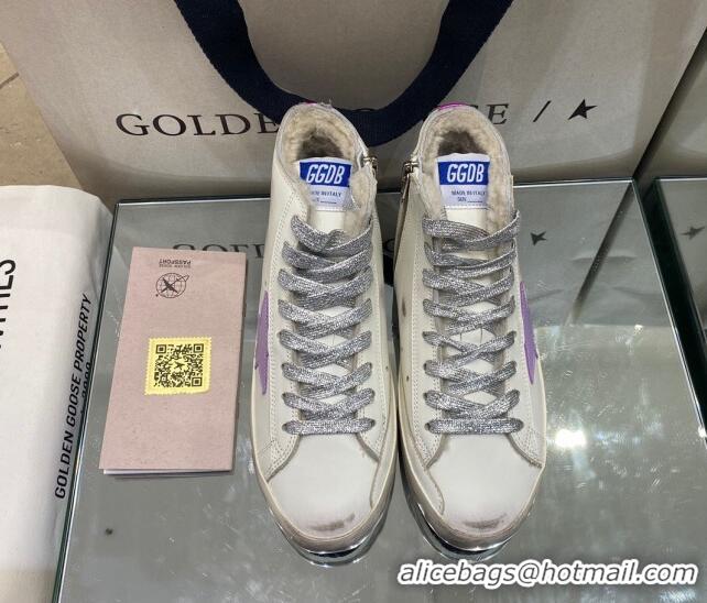 Classic Practical Golden Goose Francy Sneakers in White Leather with Shearling Lining and Lavander Star 105072