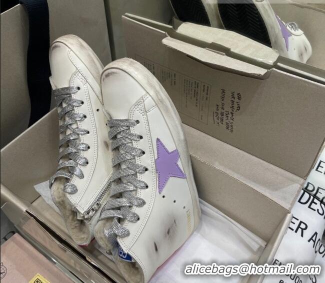 Classic Practical Golden Goose Francy Sneakers in White Leather with Shearling Lining and Lavander Star 105072