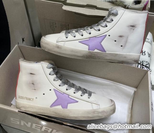 Classic Practical Golden Goose Francy Sneakers in White Leather with Shearling Lining and Lavander Star 105072