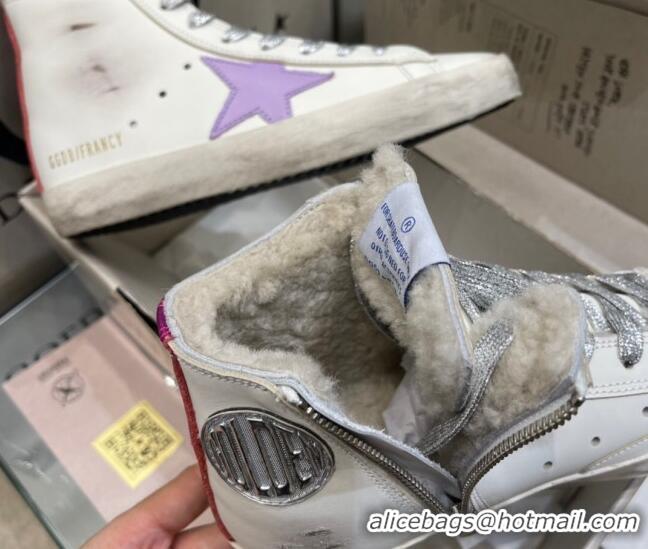 Classic Practical Golden Goose Francy Sneakers in White Leather with Shearling Lining and Lavander Star 105072