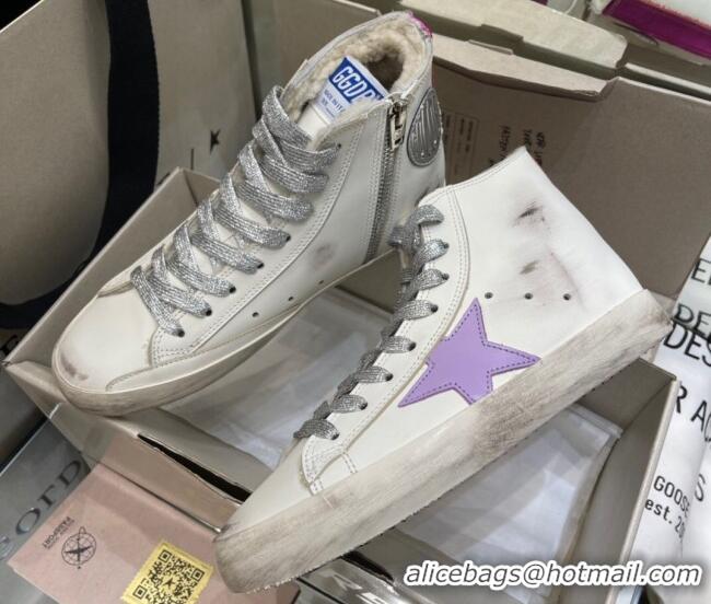 Classic Practical Golden Goose Francy Sneakers in White Leather with Shearling Lining and Lavander Star 105072