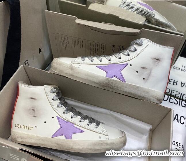 Classic Practical Golden Goose Francy Sneakers in White Leather with Shearling Lining and Lavander Star 105072