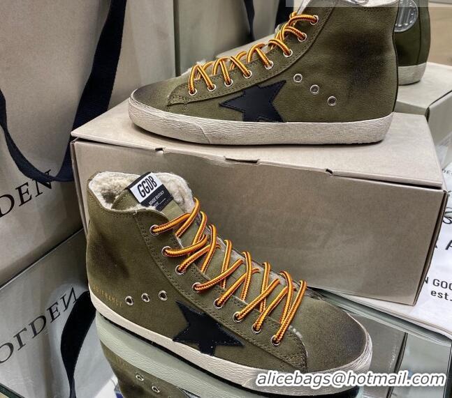 Super Quality Golden Goose Francy Sneakers in Army Green Suede with Shearling Lining 105073