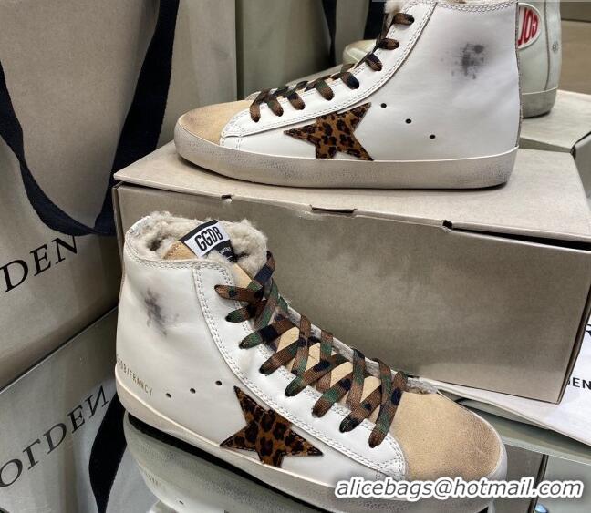 Best Luxury Golden Goose Francy Sneakers in White Leather and Beige Suede with Shearling Lining 105079