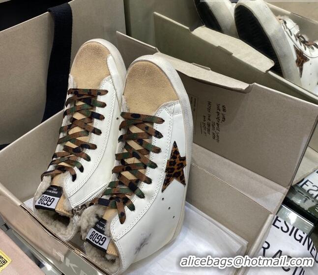 Best Luxury Golden Goose Francy Sneakers in White Leather and Beige Suede with Shearling Lining 105079