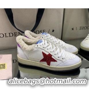 Grade Design Golden Goose Ball Star Sneakers in White leather with Red Glitter Details and Shearling Lining 105083