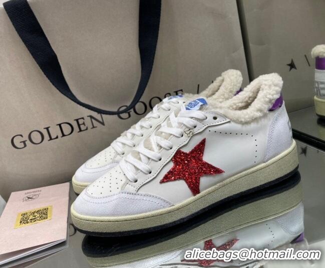 Grade Design Golden Goose Ball Star Sneakers in White leather with Red Glitter Details and Shearling Lining 105083