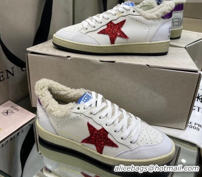 Grade Design Golden Goose Ball Star Sneakers in White leather with Red Glitter Details and Shearling Lining 105083