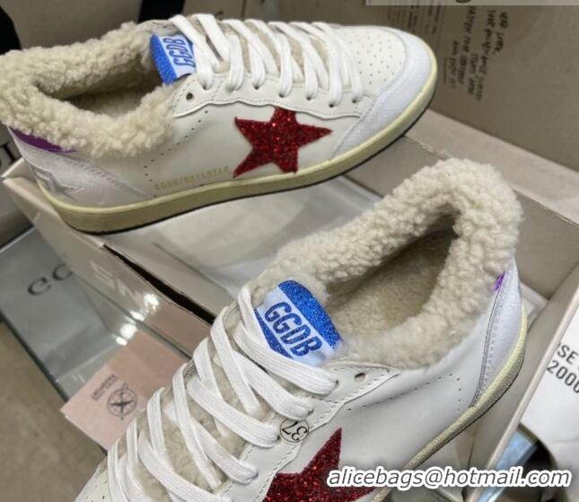 Grade Design Golden Goose Ball Star Sneakers in White leather with Red Glitter Details and Shearling Lining 105083