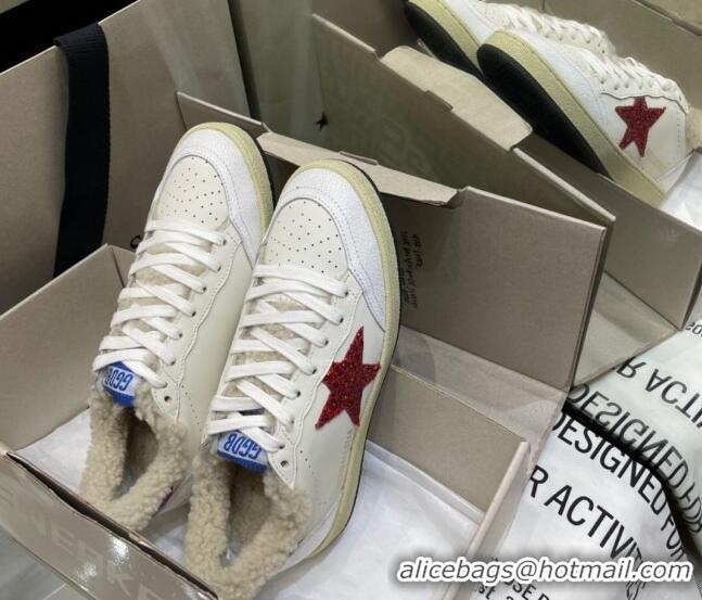 Grade Design Golden Goose Ball Star Sneakers in White leather with Red Glitter Details and Shearling Lining 105083