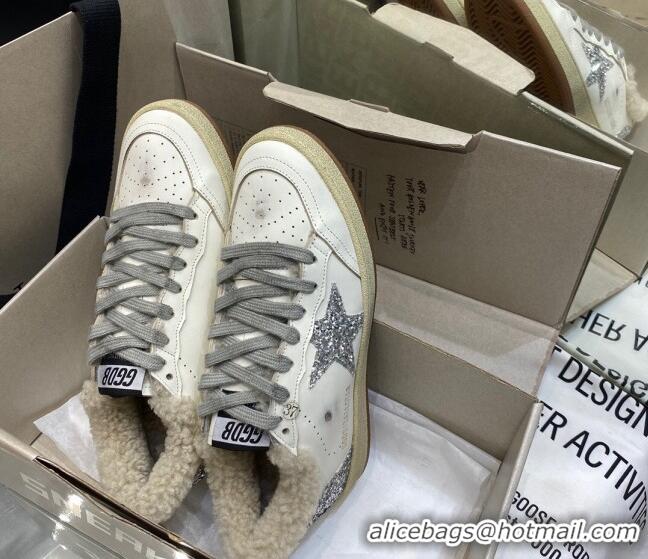 Best Price Golden Goose Ball Star Sneakers in White leather with Silver Glitter Details and Shearling Lining 105084