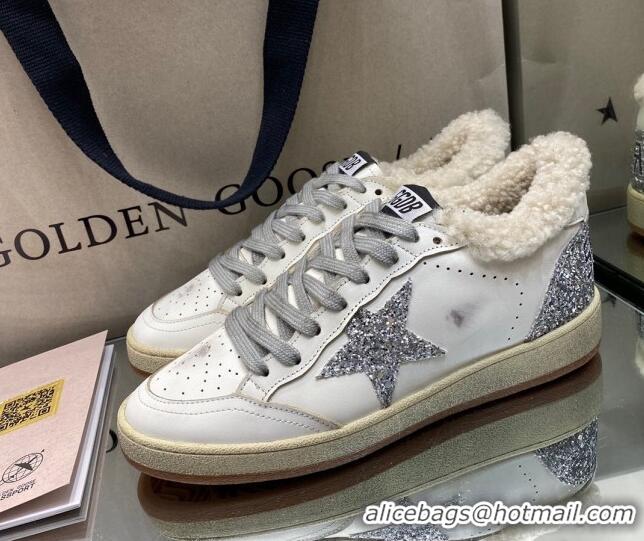 Best Price Golden Goose Ball Star Sneakers in White leather with Silver Glitter Details and Shearling Lining 105084