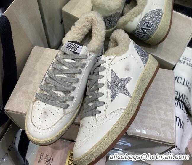 Best Price Golden Goose Ball Star Sneakers in White leather with Silver Glitter Details and Shearling Lining 105084