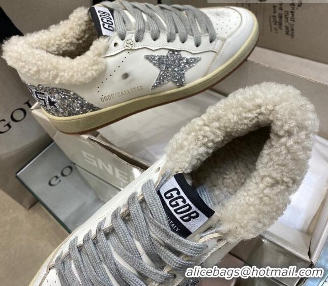 Best Price Golden Goose Ball Star Sneakers in White leather with Silver Glitter Details and Shearling Lining 105084