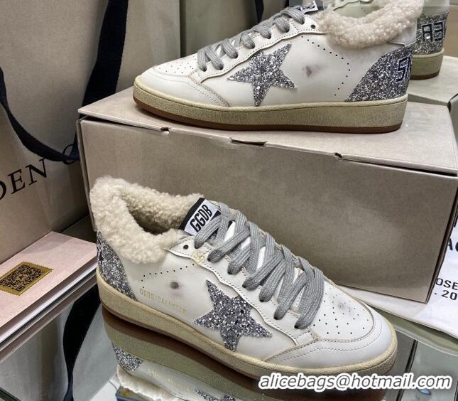 Best Price Golden Goose Ball Star Sneakers in White leather with Silver Glitter Details and Shearling Lining 105084