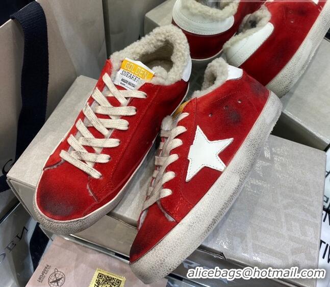 Luxury Golden Goose Super-Star Sneakers in Red Suede and Shearling Lining 105089