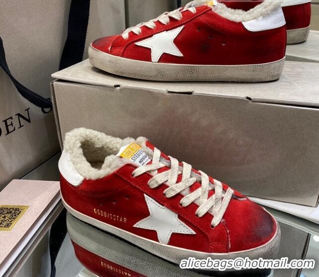 Luxury Golden Goose Super-Star Sneakers in Red Suede and Shearling Lining 105089