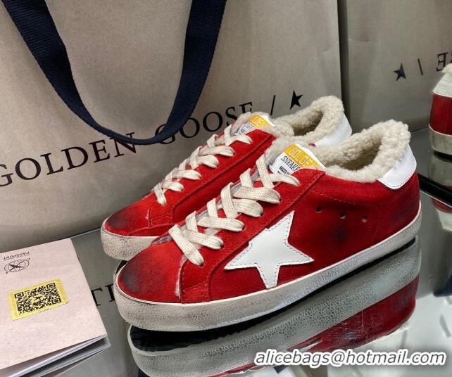 Luxury Golden Goose Super-Star Sneakers in Red Suede and Shearling Lining 105089