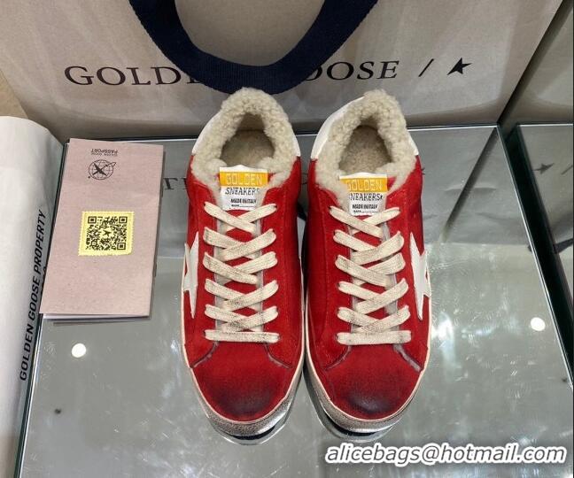 Luxury Golden Goose Super-Star Sneakers in Red Suede and Shearling Lining 105089