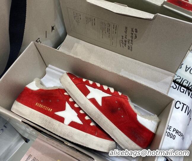 Luxury Golden Goose Super-Star Sneakers in Red Suede and Shearling Lining 105089