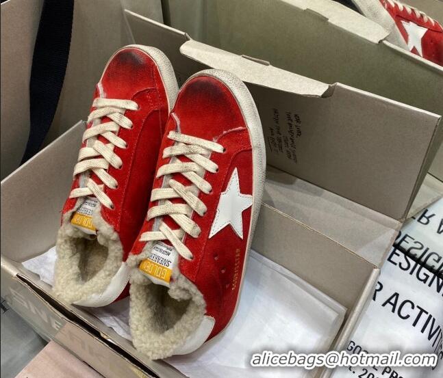 Luxury Golden Goose Super-Star Sneakers in Red Suede and Shearling Lining 105089