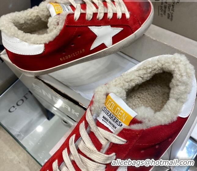 Luxury Golden Goose Super-Star Sneakers in Red Suede and Shearling Lining 105089