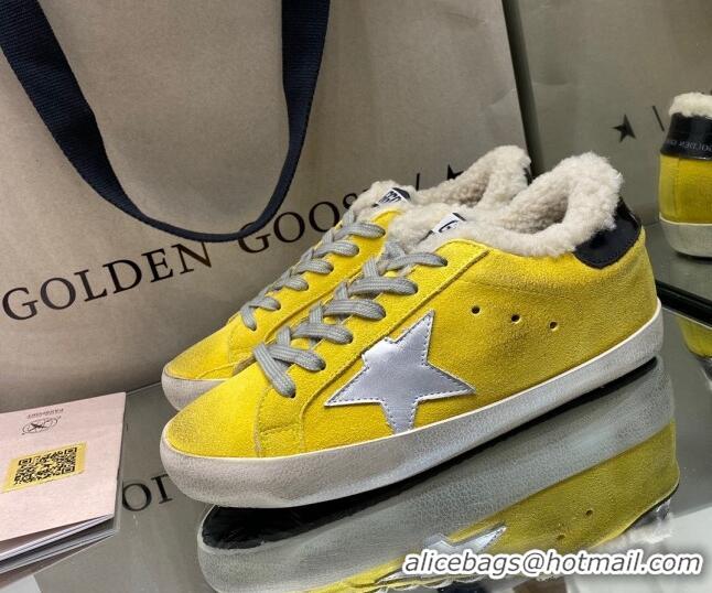 Most Popular Golden Goose Super-Star Sneakers in Yellow Suede With Silver Star and Shearling Lining 105094