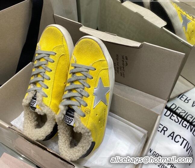 Most Popular Golden Goose Super-Star Sneakers in Yellow Suede With Silver Star and Shearling Lining 105094