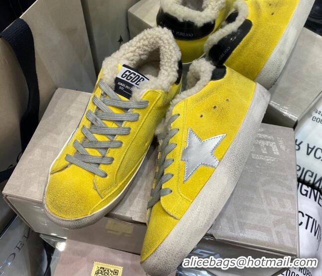 Most Popular Golden Goose Super-Star Sneakers in Yellow Suede With Silver Star and Shearling Lining 105094