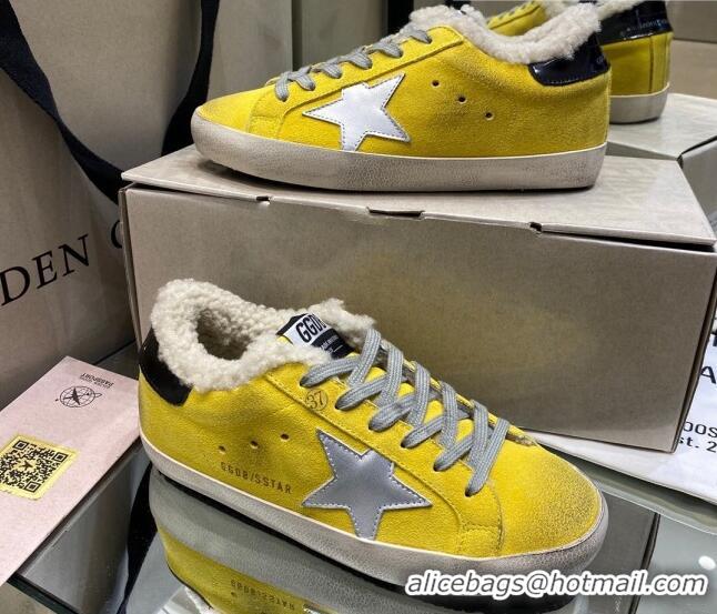 Most Popular Golden Goose Super-Star Sneakers in Yellow Suede With Silver Star and Shearling Lining 105094