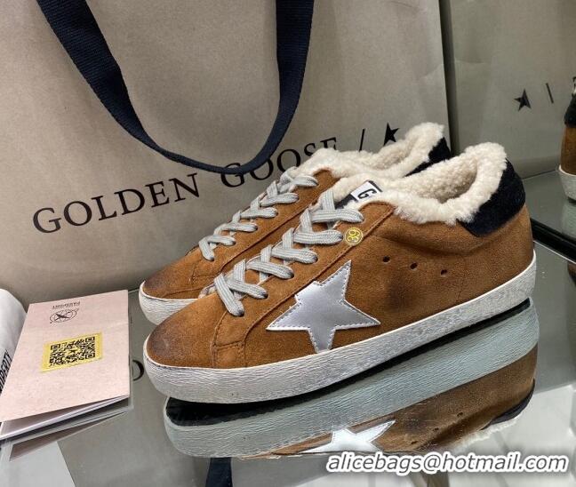 Unique Style Golden Goose Super-Star Sneakers in Brown Suede With Silver Star and Shearling Lining 105095