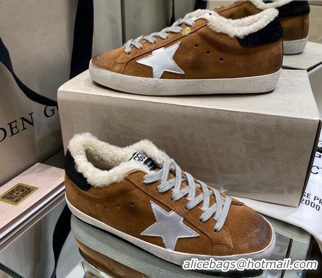 Unique Style Golden Goose Super-Star Sneakers in Brown Suede With Silver Star and Shearling Lining 105095