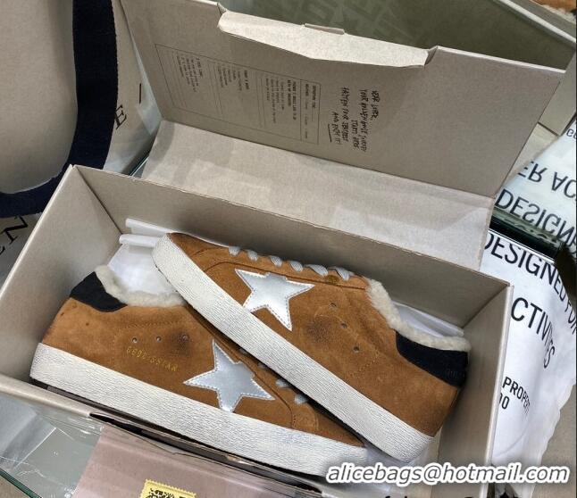 Unique Style Golden Goose Super-Star Sneakers in Brown Suede With Silver Star and Shearling Lining 105095