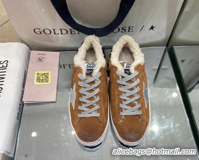 Unique Style Golden Goose Super-Star Sneakers in Brown Suede With Silver Star and Shearling Lining 105095