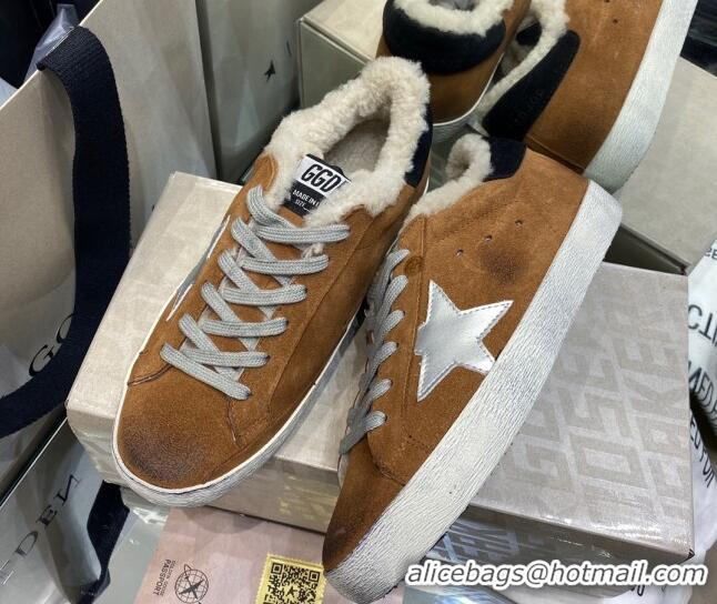 Unique Style Golden Goose Super-Star Sneakers in Brown Suede With Silver Star and Shearling Lining 105095