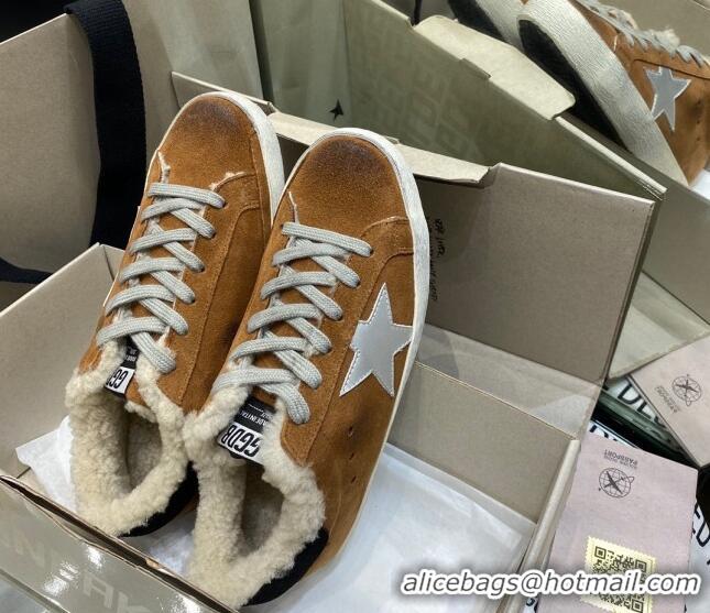 Unique Style Golden Goose Super-Star Sneakers in Brown Suede With Silver Star and Shearling Lining 105095