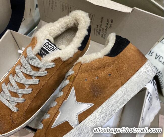 Unique Style Golden Goose Super-Star Sneakers in Brown Suede With Silver Star and Shearling Lining 105095