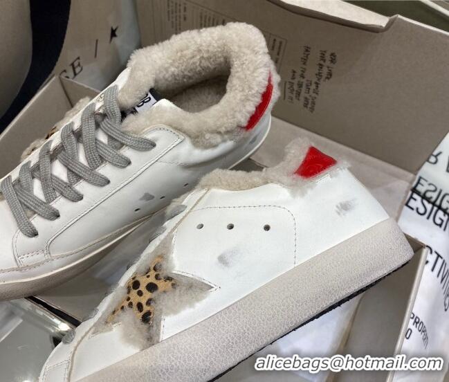 Good Quality Golden Goose Super-Star Sneakers in White Leather With Shearling Lining and Red Back 105097