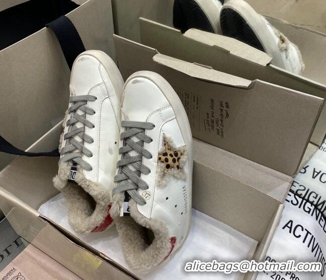 Good Quality Golden Goose Super-Star Sneakers in White Leather With Shearling Lining and Red Back 105097