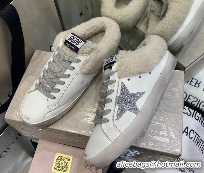 Pretty Style Golden Goose Super-Star Sabots in White Leather with Shearling Lining and Silver Star 105098