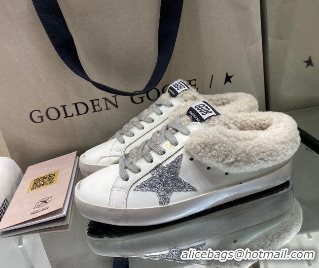 Pretty Style Golden Goose Super-Star Sabots in White Leather with Shearling Lining and Silver Star 105098