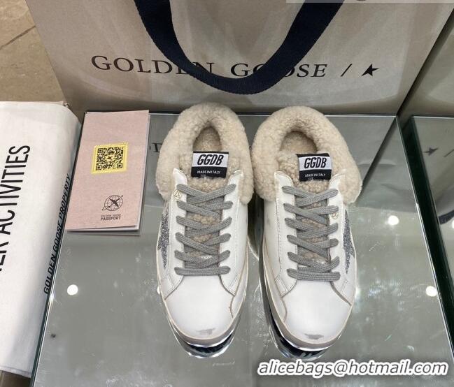 Pretty Style Golden Goose Super-Star Sabots in White Leather with Shearling Lining and Silver Star 105098