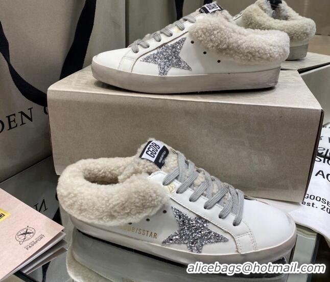 Pretty Style Golden Goose Super-Star Sabots in White Leather with Shearling Lining and Silver Star 105098