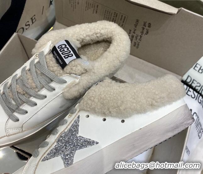 Pretty Style Golden Goose Super-Star Sabots in White Leather with Shearling Lining and Silver Star 105098