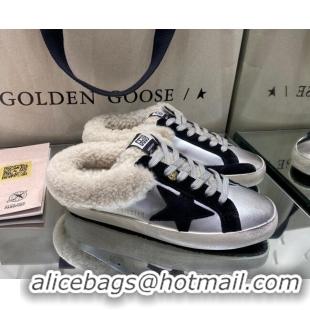 Feminine Golden Goose Super-Star Sabots in Silver Leather with Shearling Lining and Black Star 105099