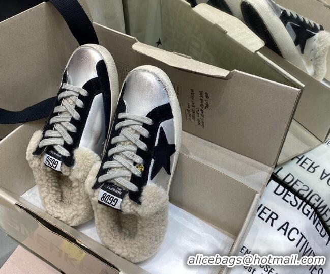 Feminine Golden Goose Super-Star Sabots in Silver Leather with Shearling Lining and Black Star 105099